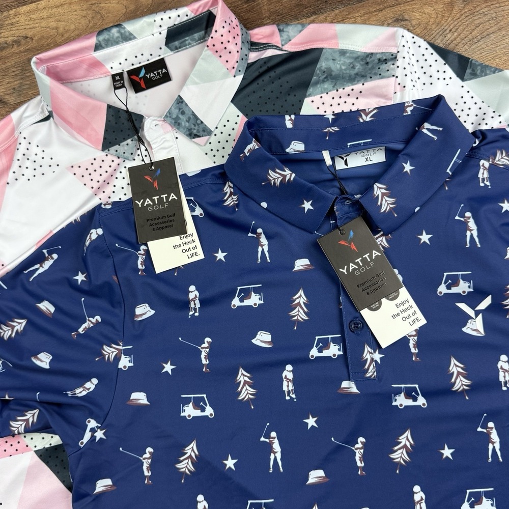 2 NWT Yatta Golf Polo Shirt Mens XL Golf & Geometric Print Stretch